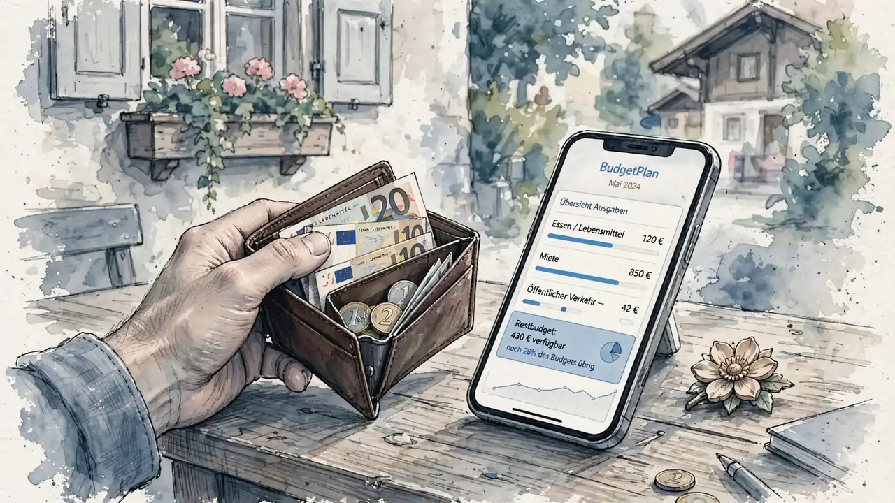 Hand hält Geldbörse und Smartphone mit Budget‑App
