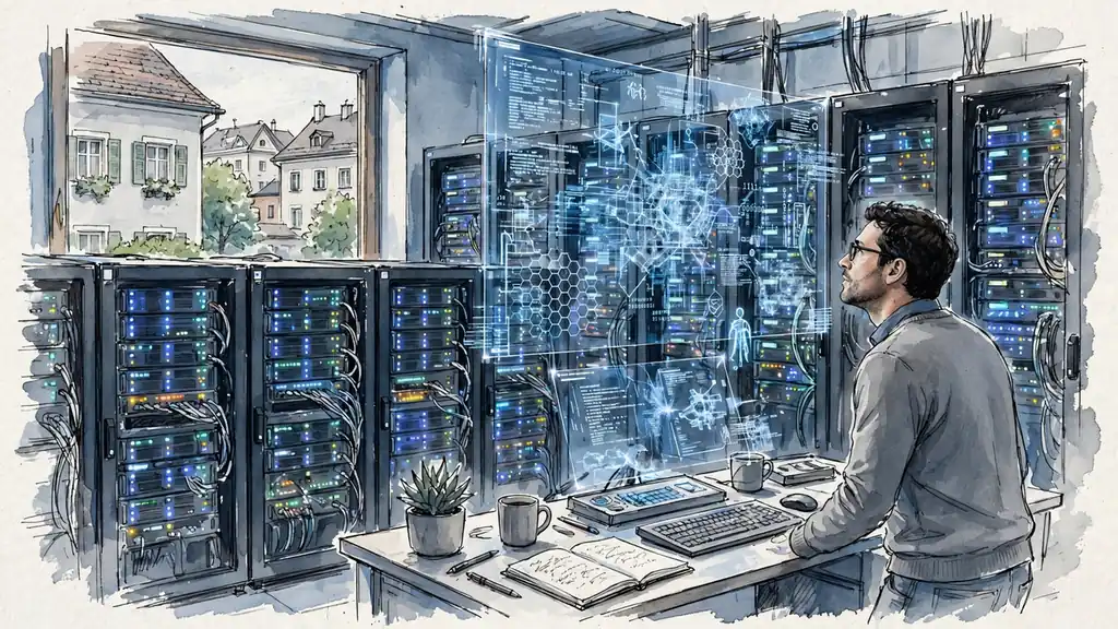 Techniker im Serverraum, digitale Codes als Hologramm